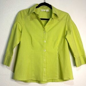 Kim Rogers Lime Green Gingham Women's Button-down Blouse, cotton blend. Sz M